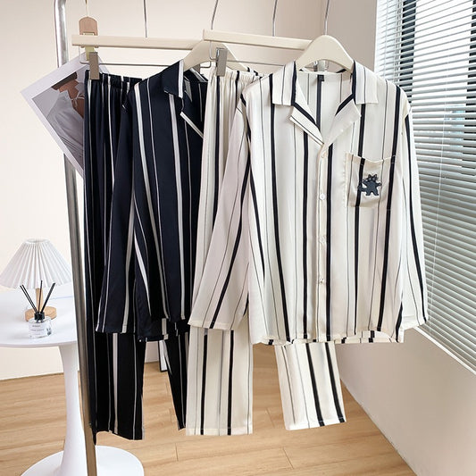 Striped Cat & Dog Couple Silk Long Sleeve Pajama Set
