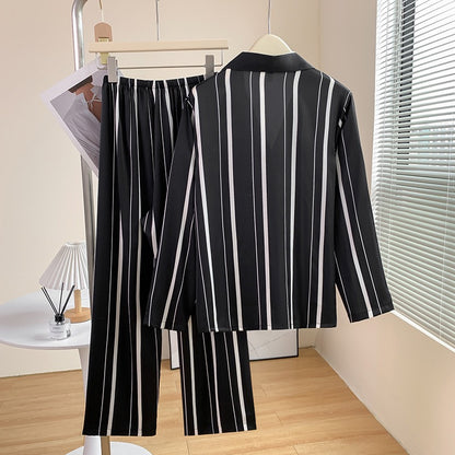Striped Cat & Dog Couple Silk Long Sleeve Pajama Set