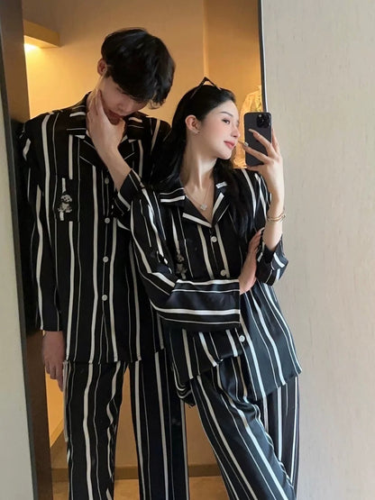 Striped Cat & Dog Couple Silk Long Sleeve Pajama Set