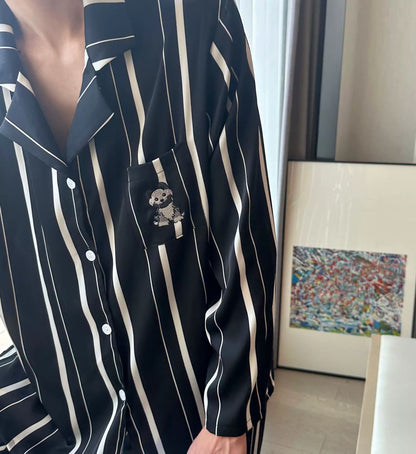 Striped Cat & Dog Couple Silk Long Sleeve Pajama Set