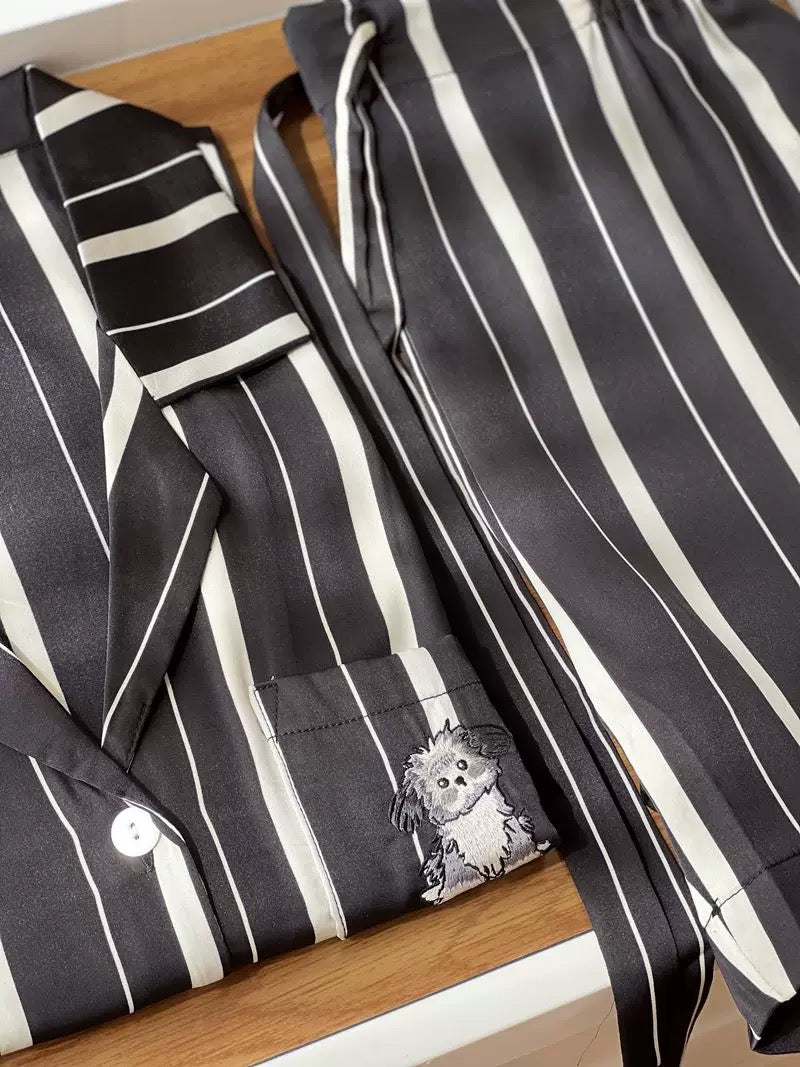 Striped Cat & Dog Couple Silk Long Sleeve Pajama Set