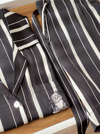 Striped Cat & Dog Couple Silk Long Sleeve Pajama Set