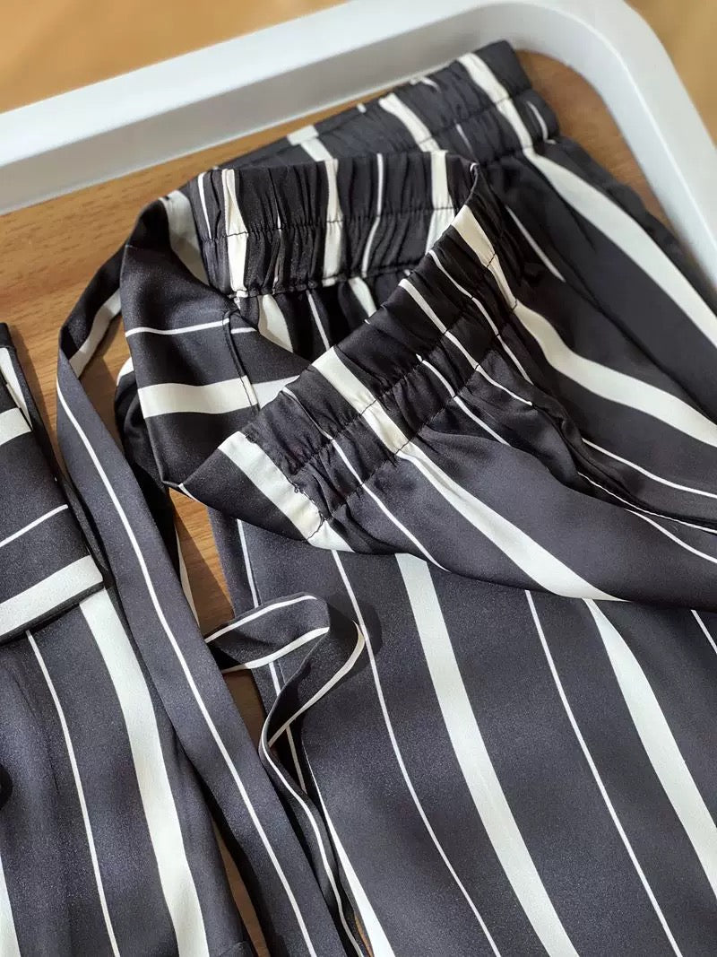 Striped Cat & Dog Couple Silk Long Sleeve Pajama Set