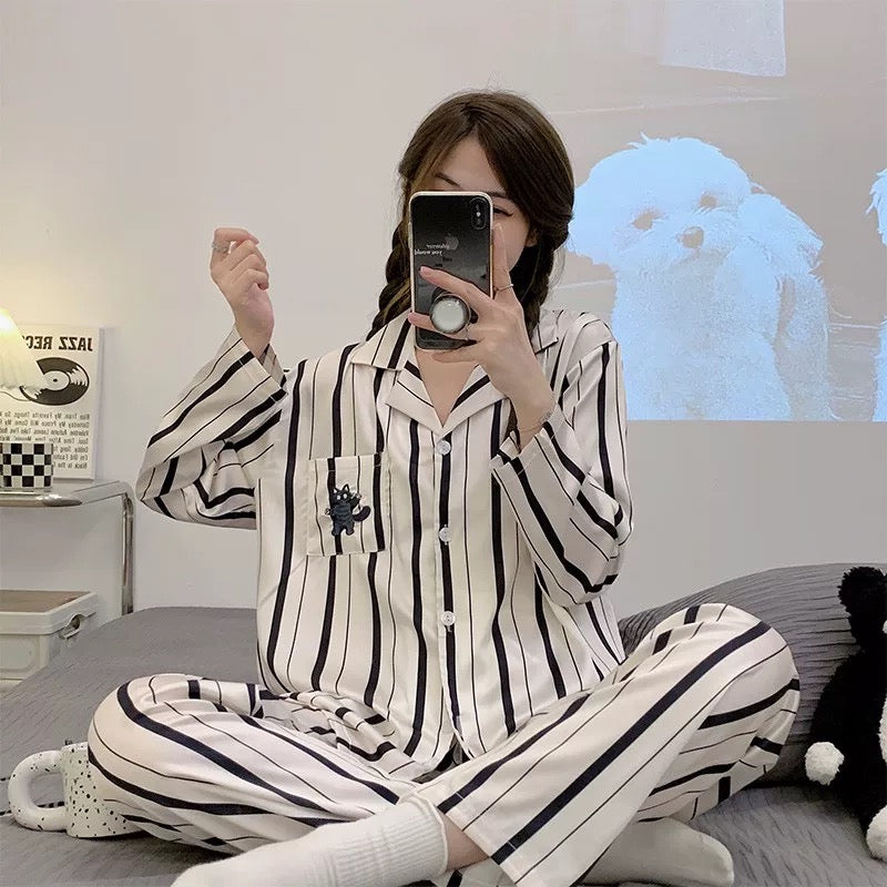 Striped Cat & Dog Couple Silk Long Sleeve Pajama Set