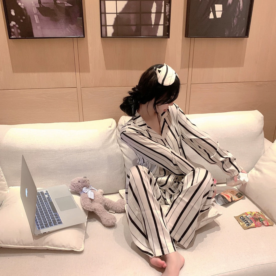 Striped Cat & Dog Couple Silk Long Sleeve Pajama Set