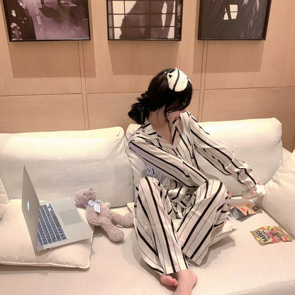 Striped Cat & Dog Couple Silk Long Sleeve Pajama Set