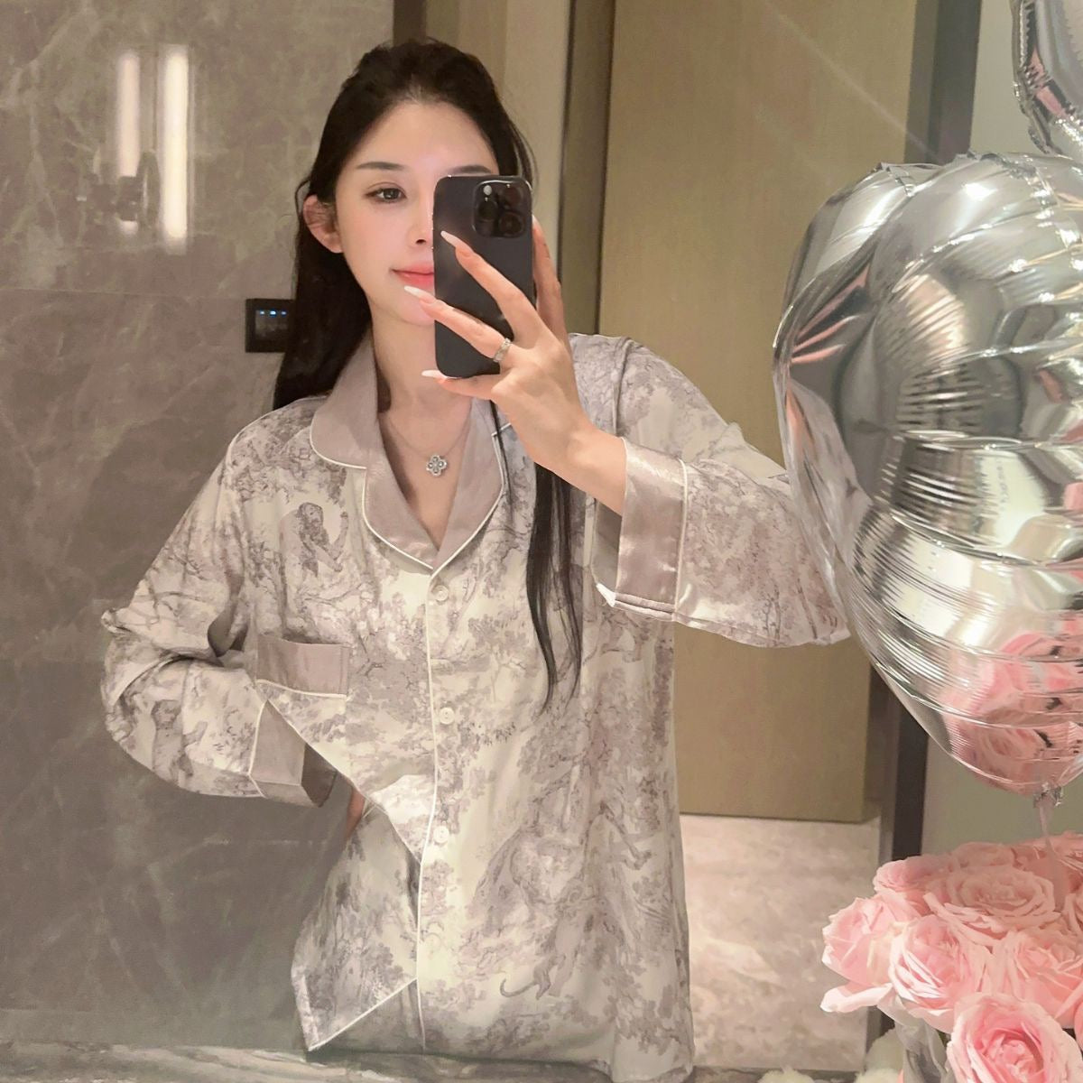 Gray Jungle Print Premium Silk Long Sleeve Pajama Set