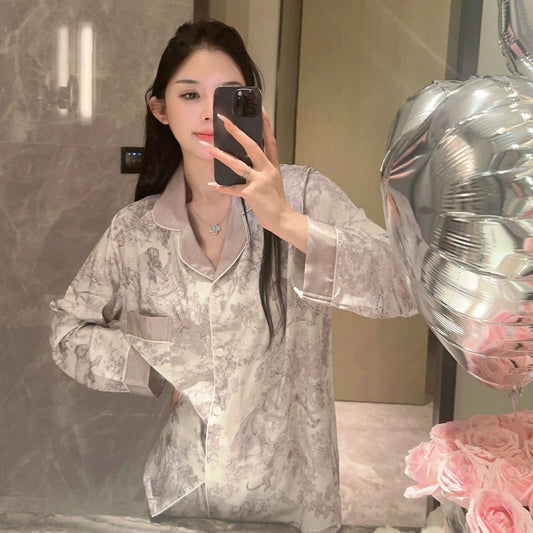 Gray Jungle Print Premium Silk Long Sleeve Pajama Set