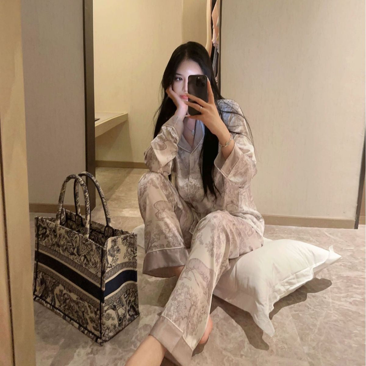 Gray Jungle Print Premium Silk Long Sleeve Pajama Set