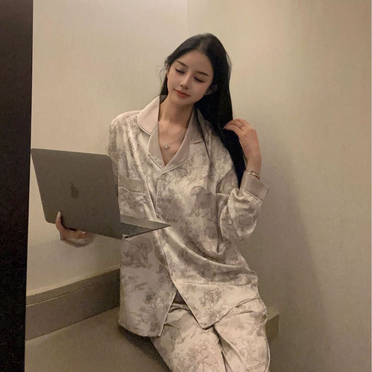 Gray Jungle Print Premium Silk Long Sleeve Pajama Set
