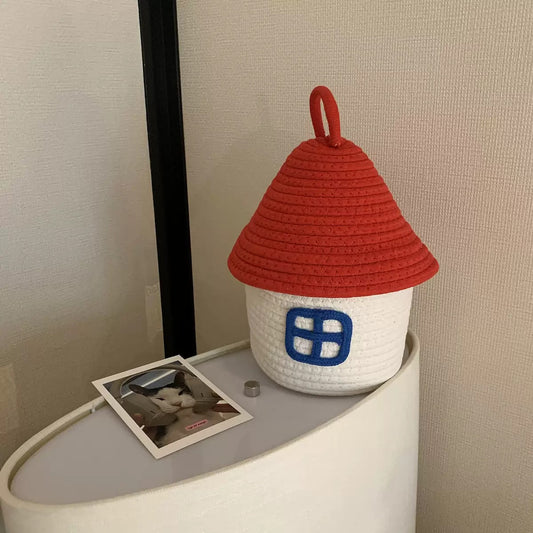 Red Little House Woven Desktop Storage Basket with Lid