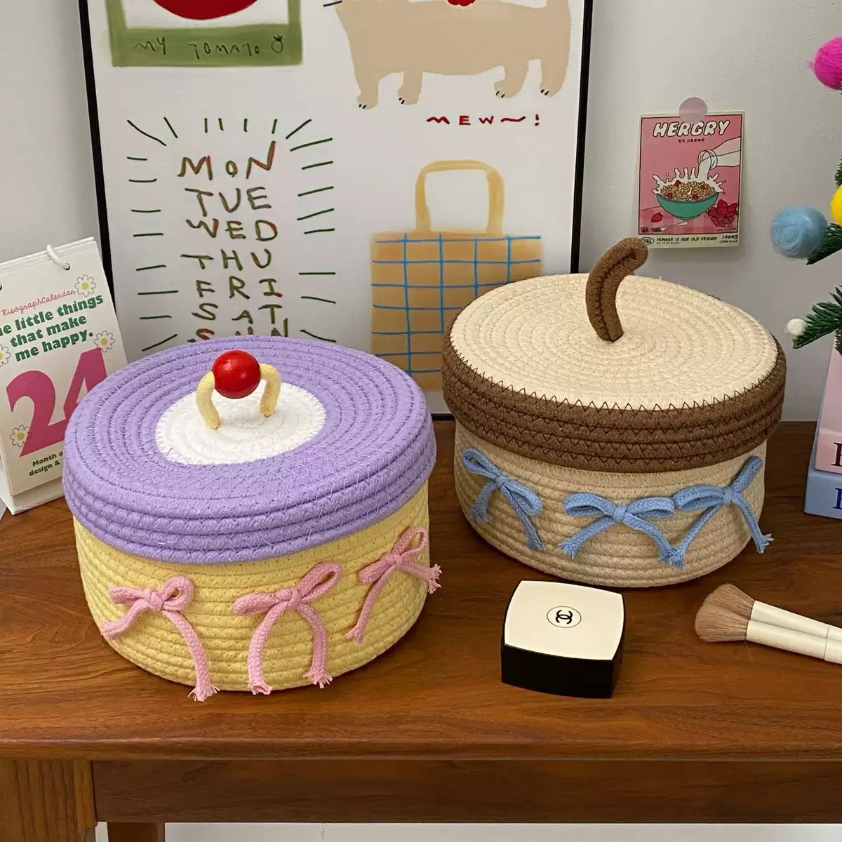 Yellow Woven Storage Basket with Lid & Bows