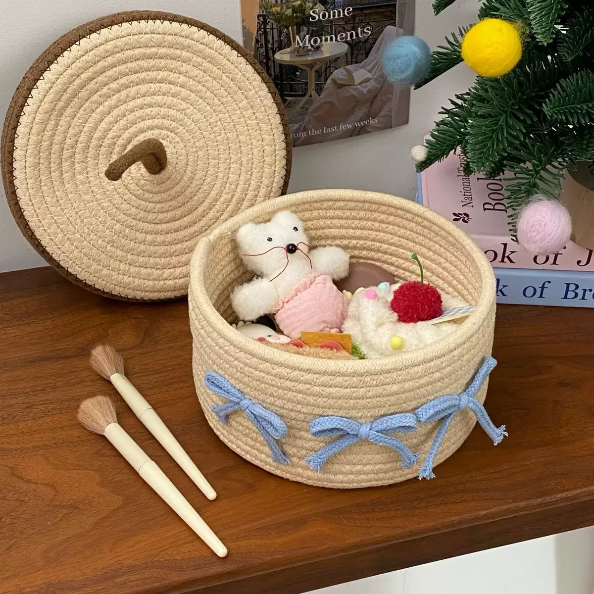 Yellow Woven Storage Basket with Lid & Bows