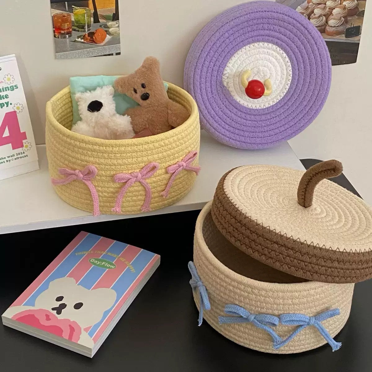 Yellow Woven Storage Basket with Lid & Bows