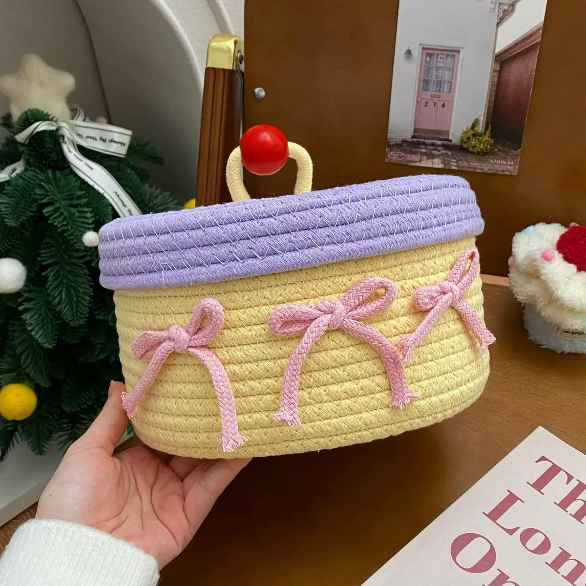 Yellow Woven Storage Basket with Lid & Bows