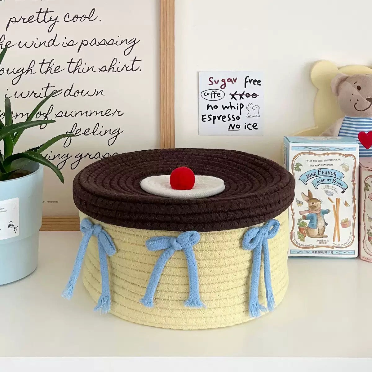 Yellow Woven Storage Basket with Lid & Bows