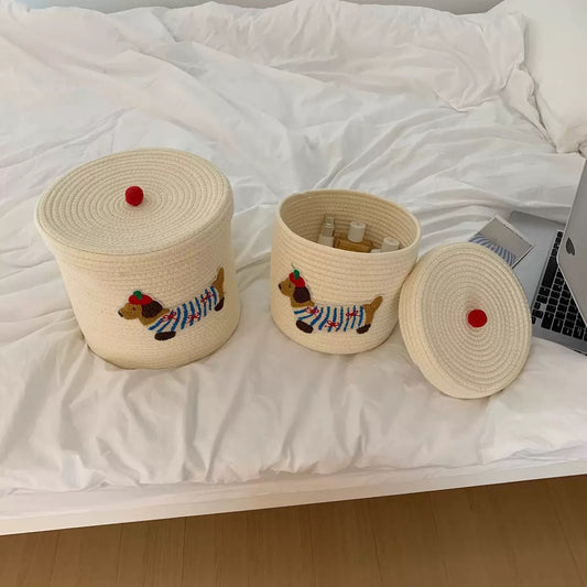 Cute Dachshund Embroidered Woven Storage Basket
