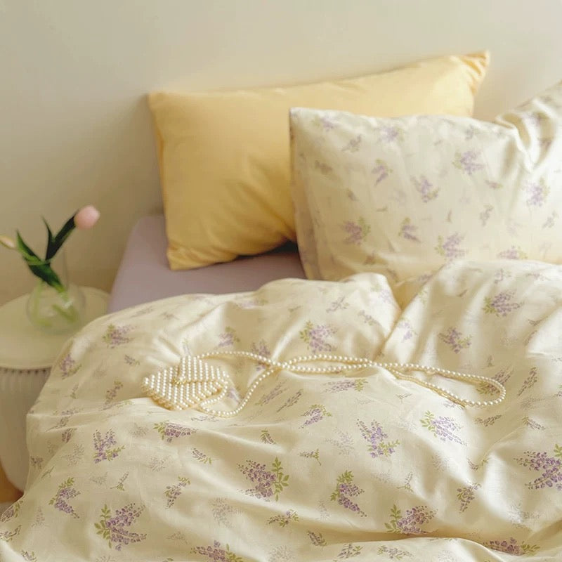 Korean Pastoral Style Purple Floral Cotton Bedding Set (4-Piece)