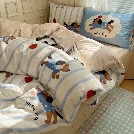 Dachshund & Tomato Striped Cotton 4-Piece Bedding Set