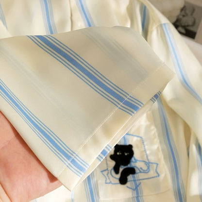 Blue and White Striped Silk Couple's Pajama Set with Cat Embroidery