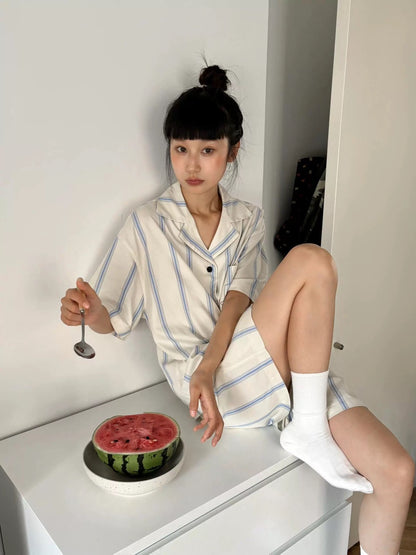 Blue and White Striped Silk Couple's Pajama Set with Cat Embroidery
