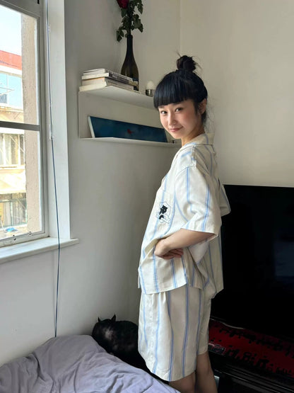 Blue and White Striped Silk Couple's Pajama Set with Cat Embroidery