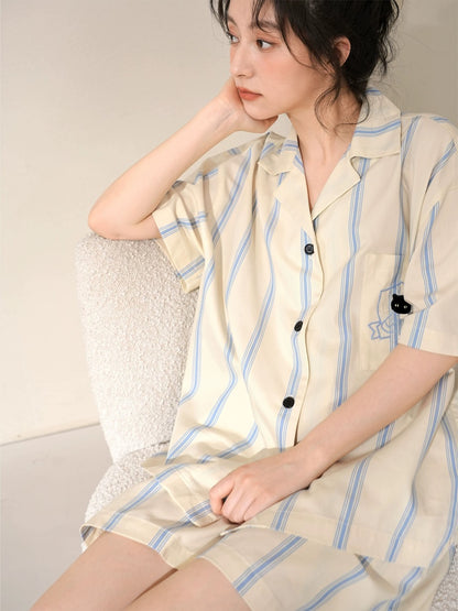 Blue and White Striped Silk Couple's Pajama Set with Cat Embroidery